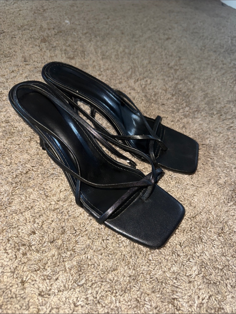Black Strappy Square-Toe Women's Heels
